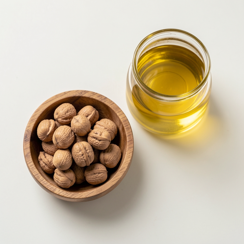 Walnüsse in einer kleinen Holzschale neben einem Glas Leinöl auf hellem Untergrund, Draufsicht — pflanzliche Omega-3-Quellen für die Alltagsküche